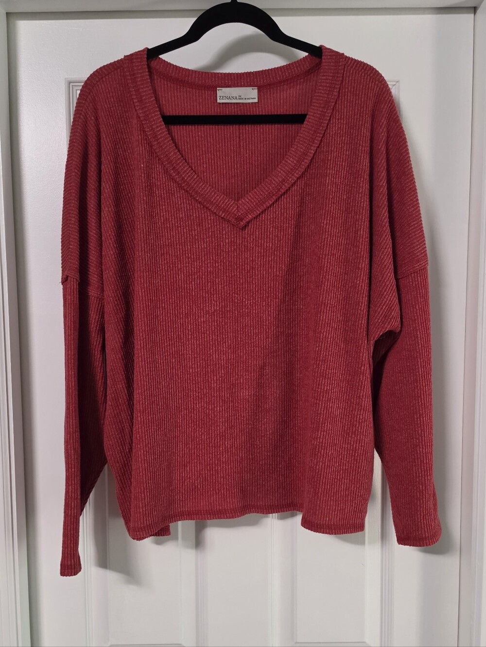 Zenana Ribbed Hacci V-Neck, long sleeve top in Red, 3X
